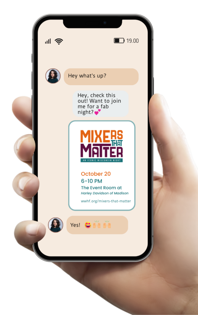 Hand holding a cell phone with text thread inviting to Mixers That Matter fundraiser