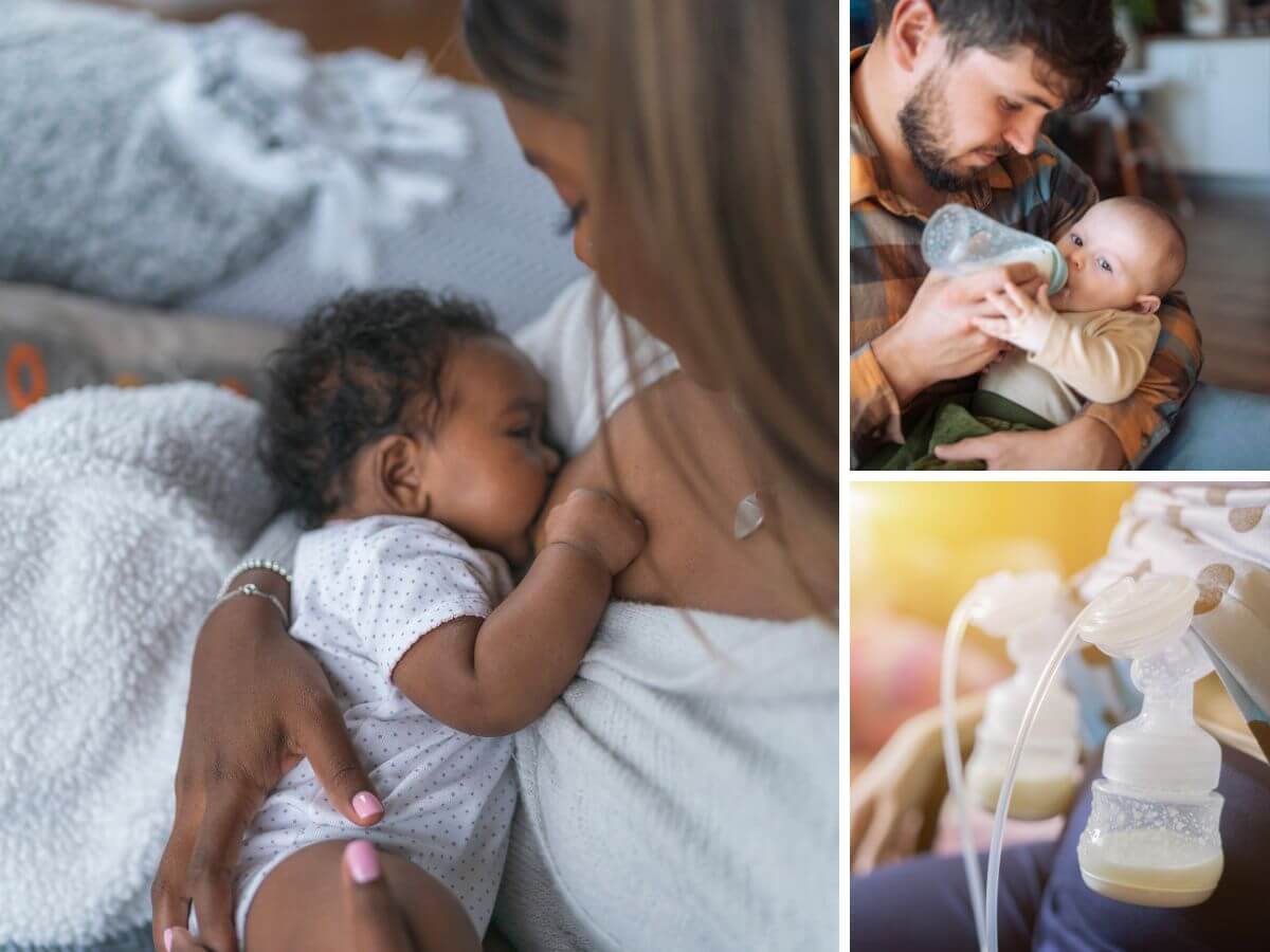 Header images with a mother nursing her baby, a caregiver bottle feeding and an individual using breast/chest pump.